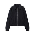 Women's navy blue turn-down collar PU faux leather coat with zipper closure and long sleeves