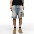 Light blue washed denim shorts with wide leg baggy fit and mid waist design