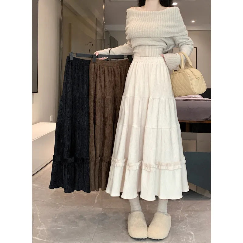 Corduroy A-line midi skirt with elastic waistband in solid colour options
