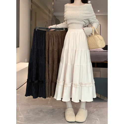 Corduroy A-line midi skirt with elastic waistband in solid colour options