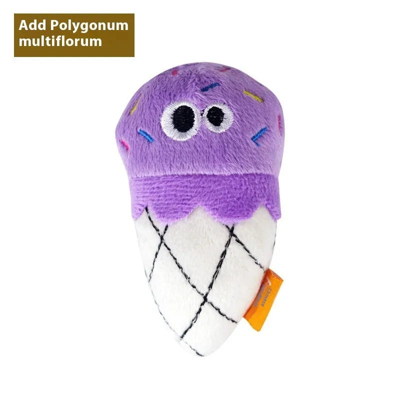 Colourful catnip plush toy shaped like a pizza, part of a set of six food-themed molar toys for cats.