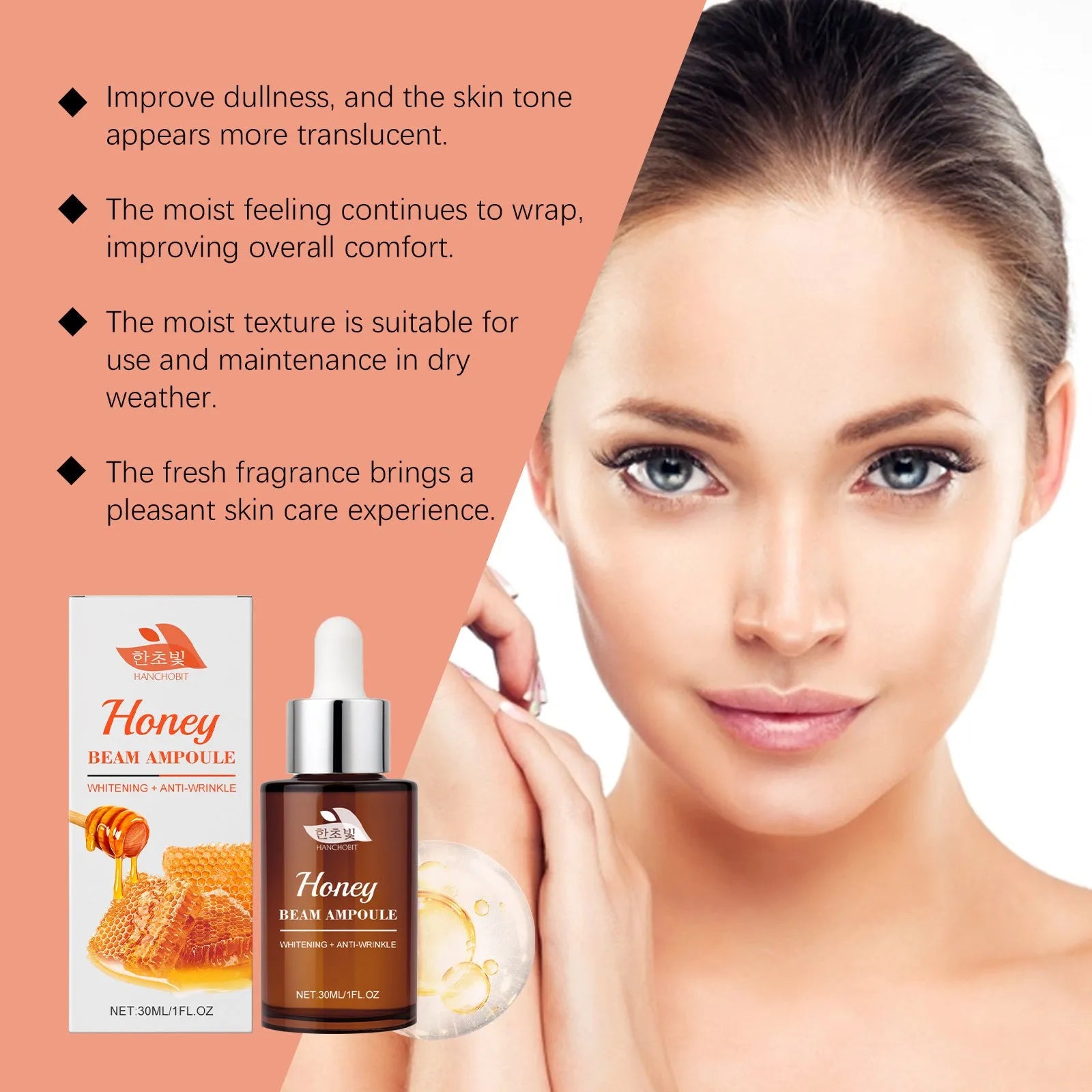 Moisturizing Skin Color Facial Liquid 30ml bottle with honey and ginseng extract for daily hydration