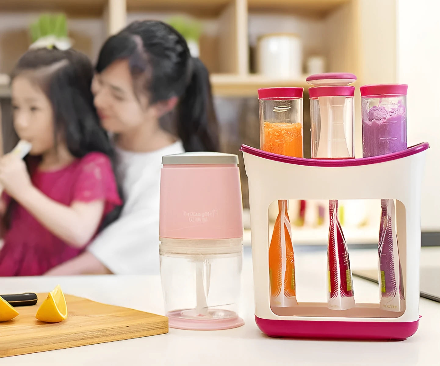 Baby food Squeeze Station machine with 4oz pouches and spoons on a table