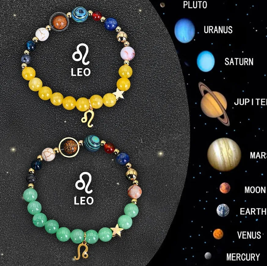 Two natural stone beaded bracelets with Chinese zodiac animal charms on an adjustable cord.