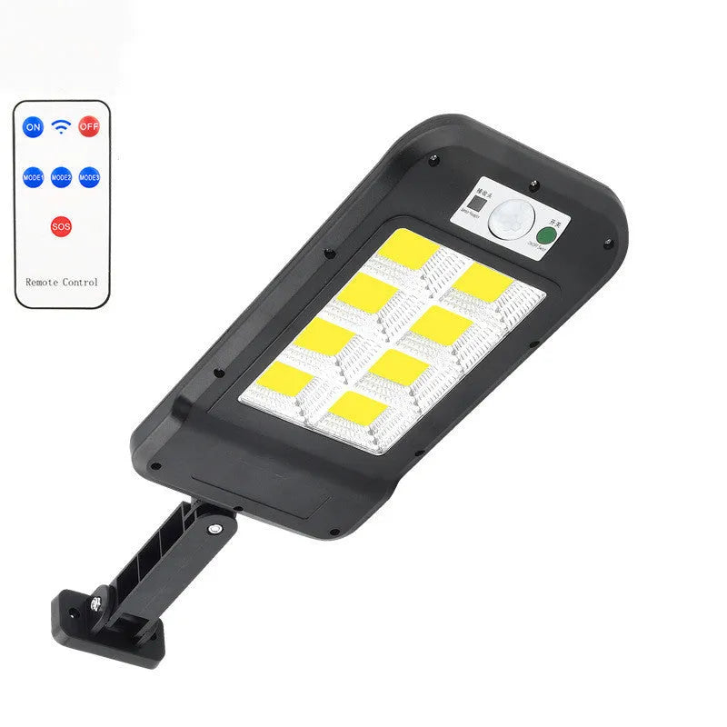 Solar wall light with 160COB LED lamps and motion sensor mounted on outdoor wall