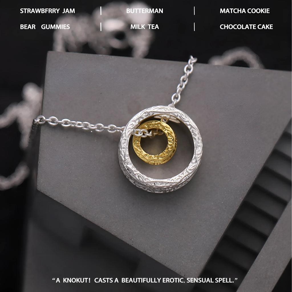 Textured gold and silver copper nested necklace with round and ring geometric shapes