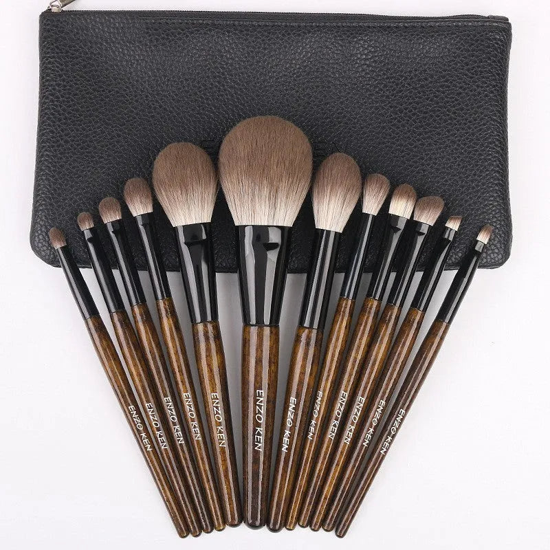 12-piece makeup brush set with wooden handles stored in black PU brush bag