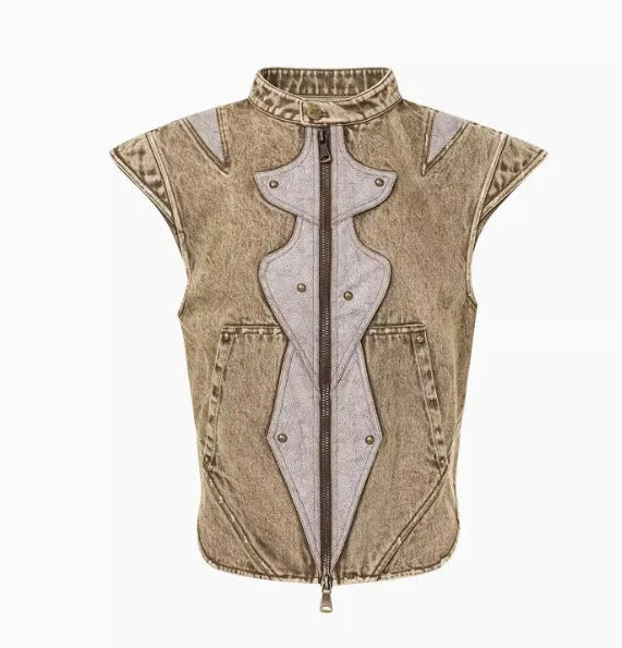 Summer Dark Knight pleated vest in cotton denim fabric, picture colour, front view