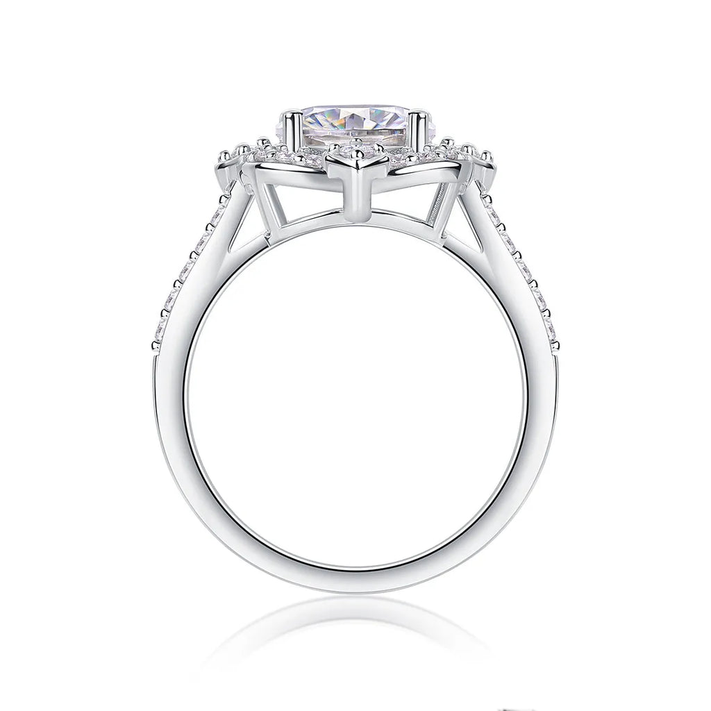 Camellia egg-shaped moissanite wedding ring set with S925 silver and platinum plating, showing centre stone and band