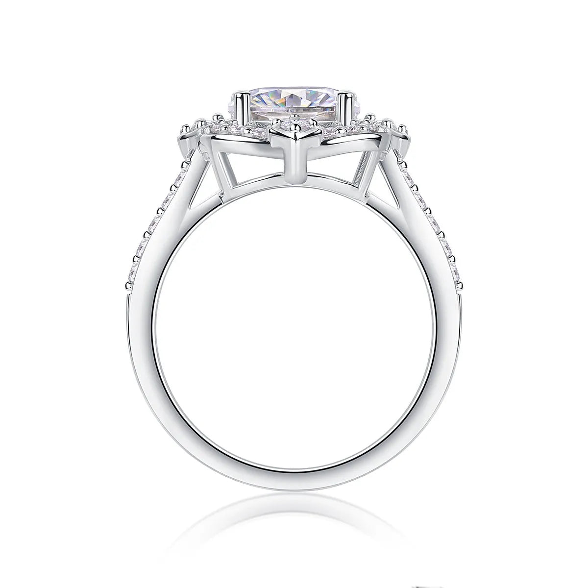 Camellia egg-shaped moissanite wedding ring set with S925 silver and platinum plating, showing centre stone and band