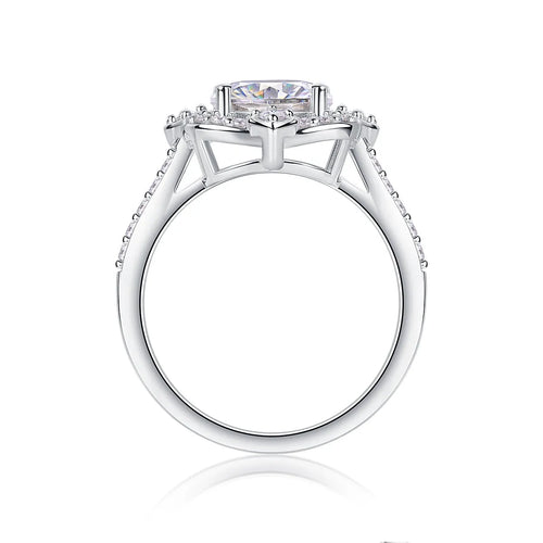 Camellia egg-shaped moissanite wedding ring set with S925 silver and platinum plating, showing centre stone and band