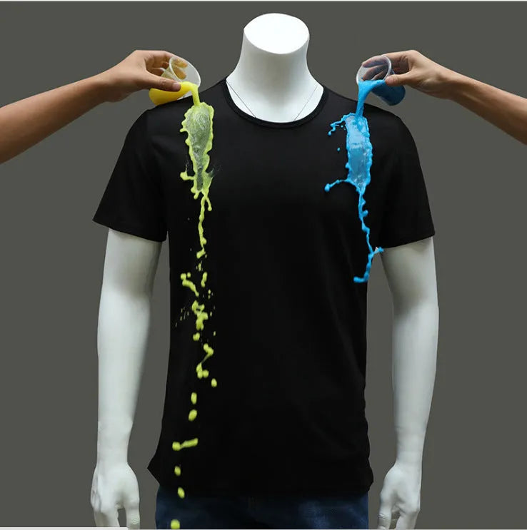 Quick-drying waterproof anti-fouling plain round neck short sleeve T-shirt in white, black, blue for unisex active wear