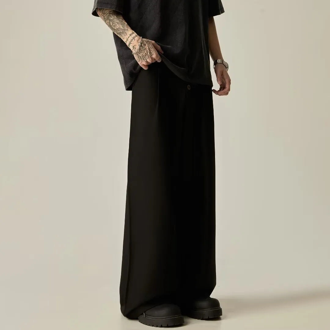 Men's vertical tube wide-leg trousers in solid colour with mid-waist design