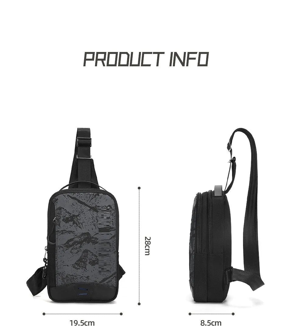 Casual black TPU chest pack with landscape pattern, soft handle, and single shoulder strap showing internal mobile phone pocket