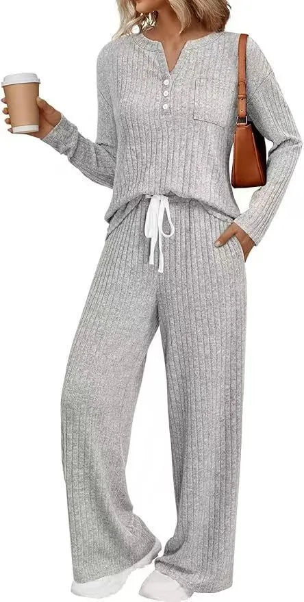 Women's V-neck knit long coat with lace-up detail and matching trousers in street fashion style