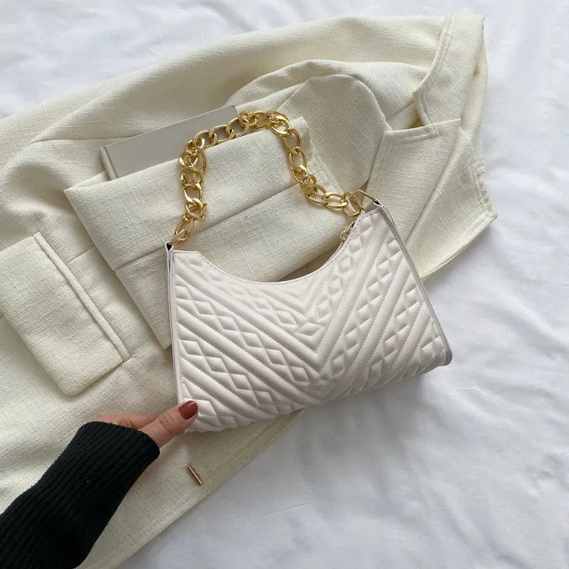 PU leather pleated chain baguette bag in vertical square shape with shoulder strap and carry handle
