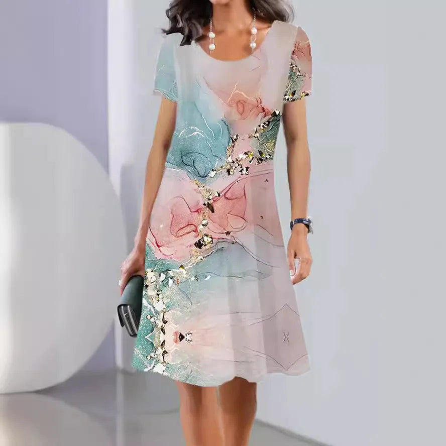 Women's floral print summer dress in ice silk fabric with A-line silhouette and short sleeves