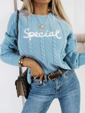 Blue pullover sweater with embroidered letter pattern and crew neck design
