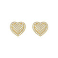 A pair of gold-colour heart-shaped stud earrings with a moissanite stone, on a plain background.