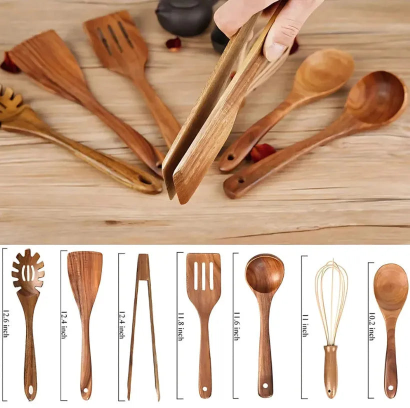Seven wooden cooking utensils with non-slip handles designed for non-stick pans