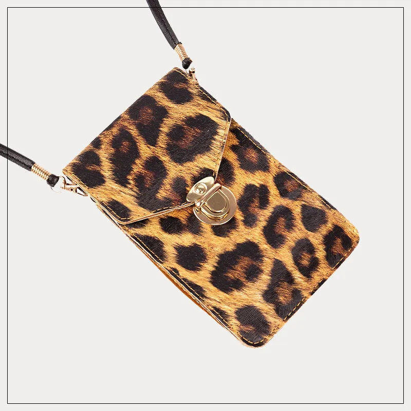 Retro leopard print PU leather phone bag for ladies with crossbody strap and touch screen function