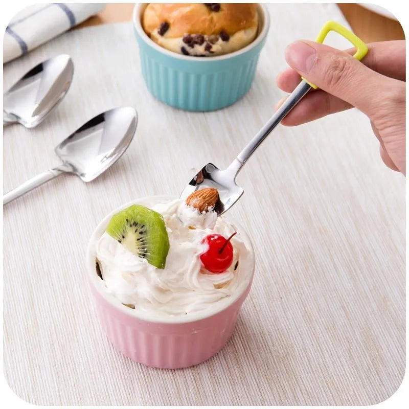Children's dessert spoon in 201 stainless steel with mirror polish, green colour option, size M