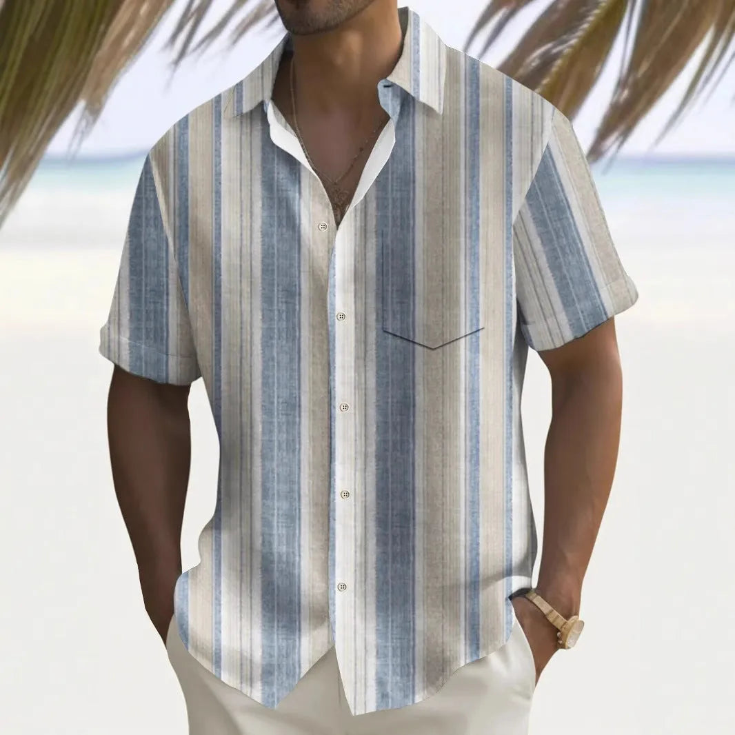 Multicolour printed men's leisure shirt with loose fit cardigan style on hanger