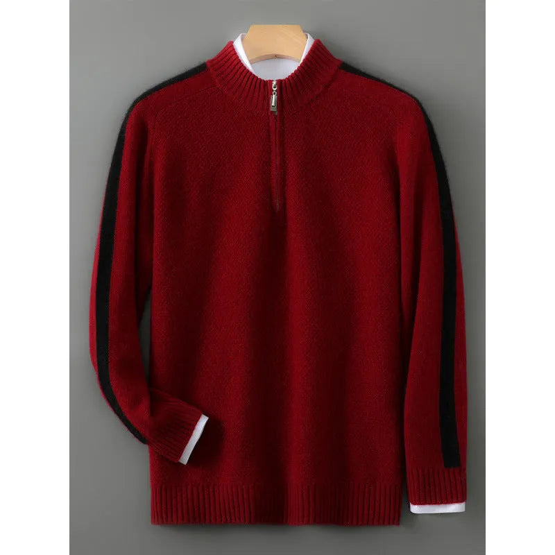 Half-zip round neck slim fit sheep wool knitted sweater in grey.