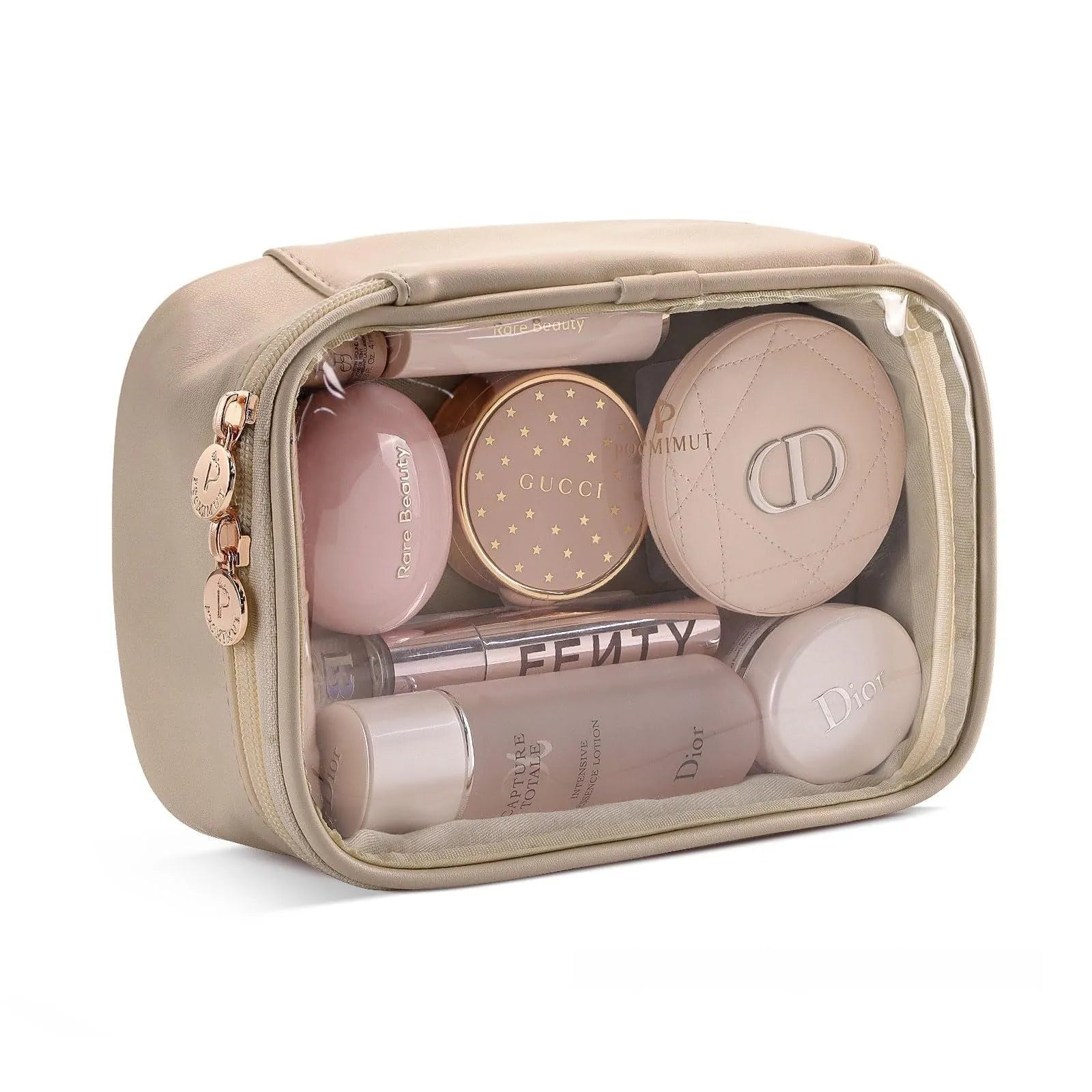 Clear PVC cosmetic bag with waterproof lining shown in a beige colour option.