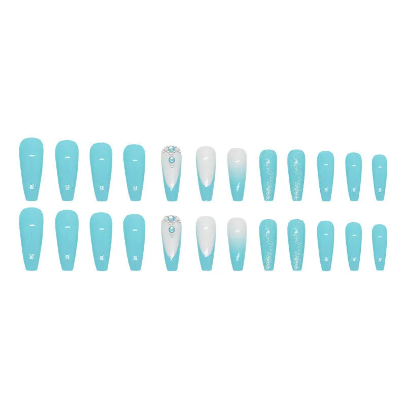 Blue false nails with diamond glitter accents in ballet shape, includes patches and glue
