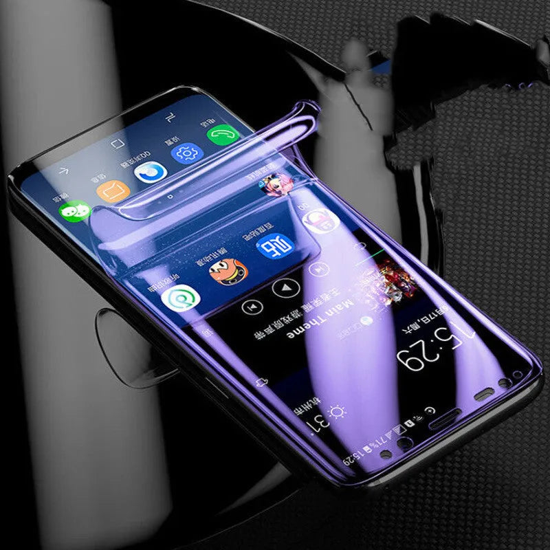 Purple light matte hydrogel curved screen protector for Samsung Galaxy S7 Edge, S8, S9 Plus phones.