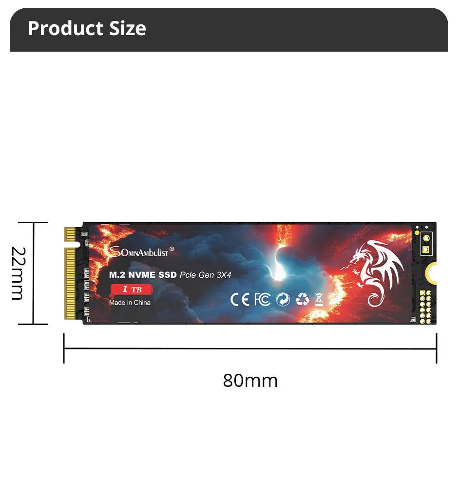 M2 solid state drive for desktop and notebook computers, showing label with capacity options and PCIe 3.0 interface.