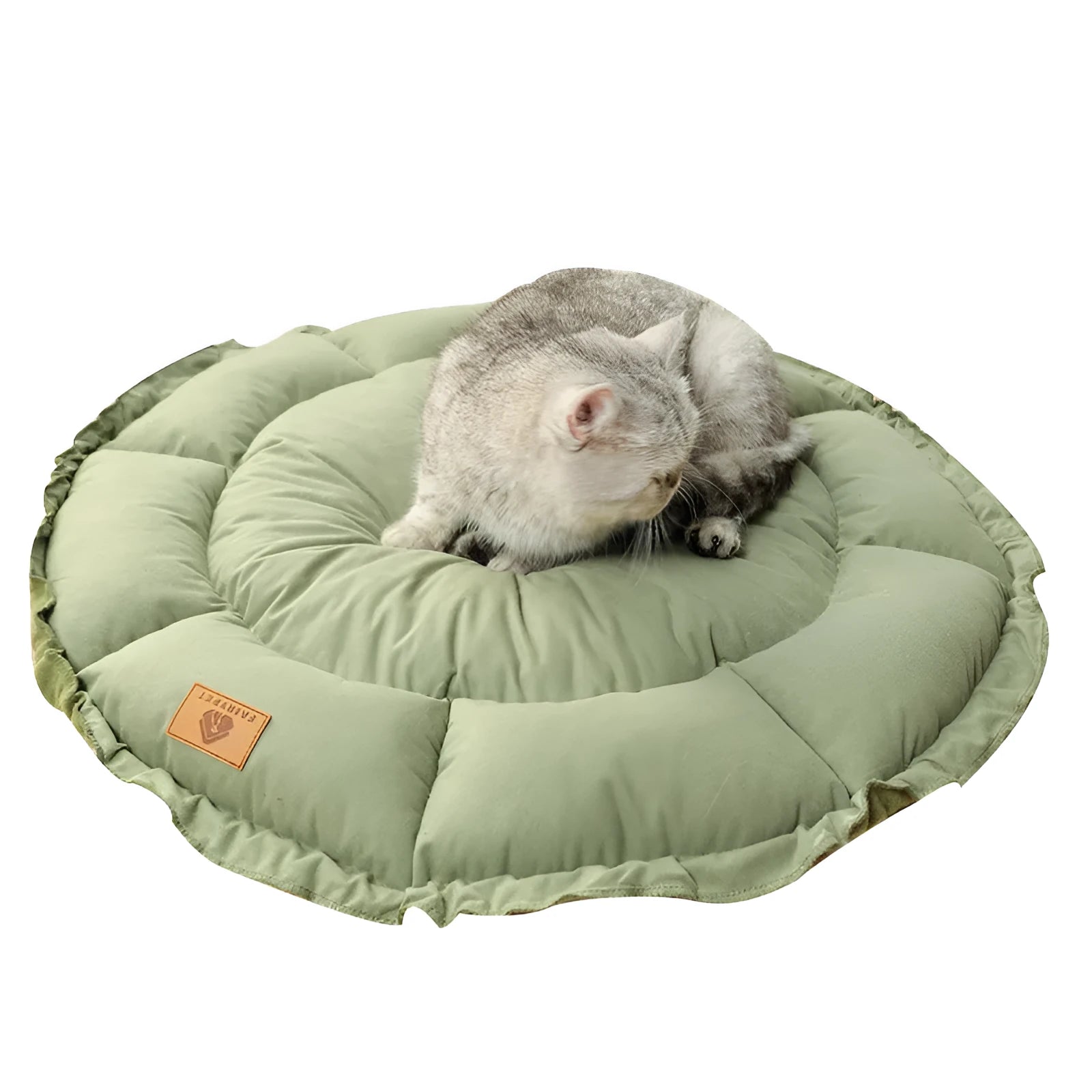 Grey and green reversible donut-shaped cat bed for indoor pets, shown in small, medium, and large sizes.