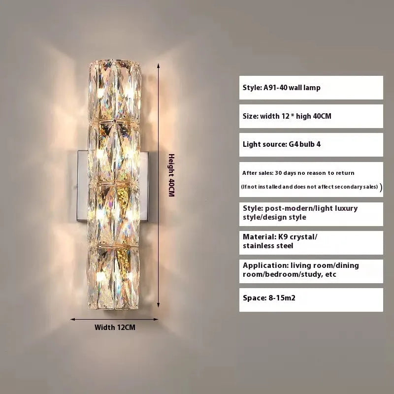 Crystal wall lamp with LED tri-colour light in chrome or gold finish showing multiple size options