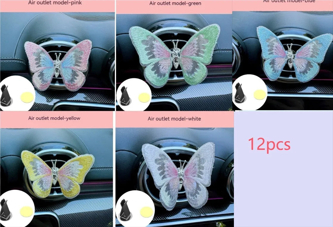 Moving embroidery butterfly decoration on car centre console air vent in pink fabric