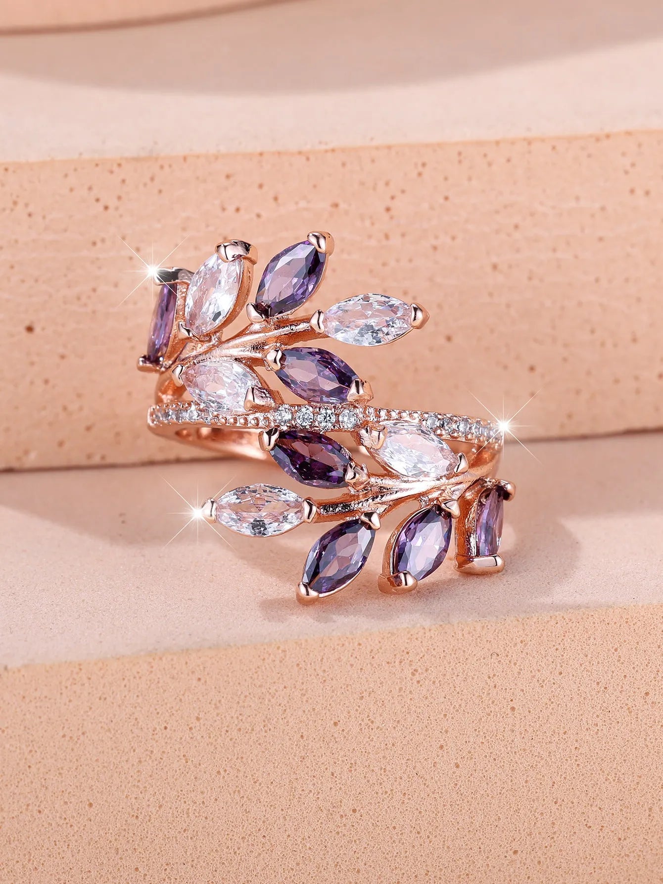 Adjustable horse eye zircon leaf ring in copper with leaf shape design and multiple colour finish options