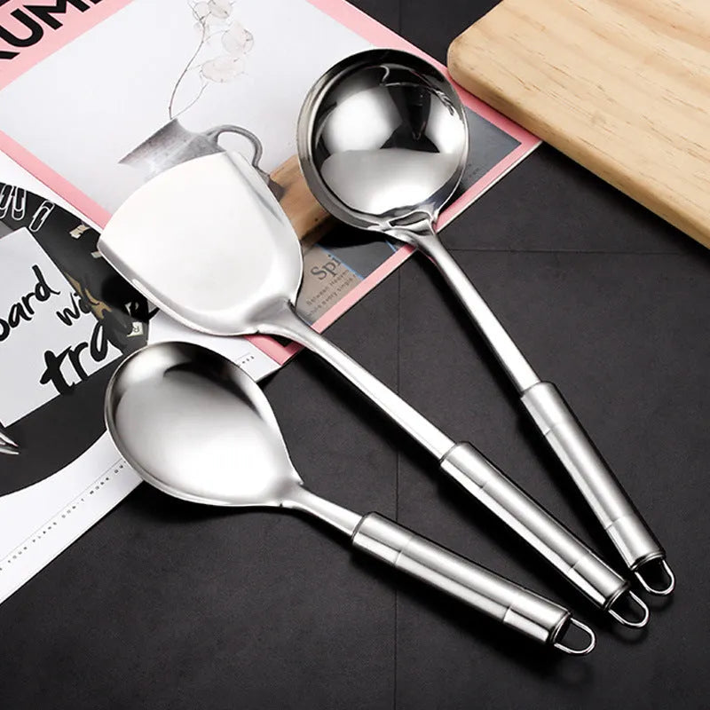 6-piece 201 stainless steel kitchenware set with anti-scalding handles on a kitchen counter