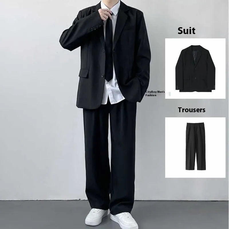 Plus size men's college style suit set with coat, trousers, shirt and tie in loose fit