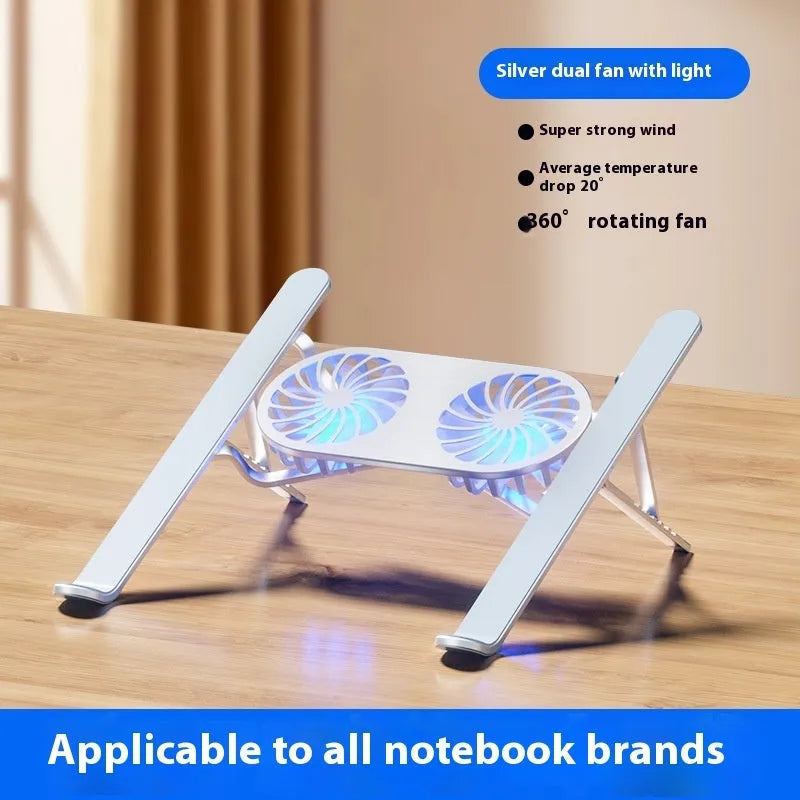Silver aluminium laptop cooling stand with twin fans and adjustable height mechanism, folded beside notebook computer