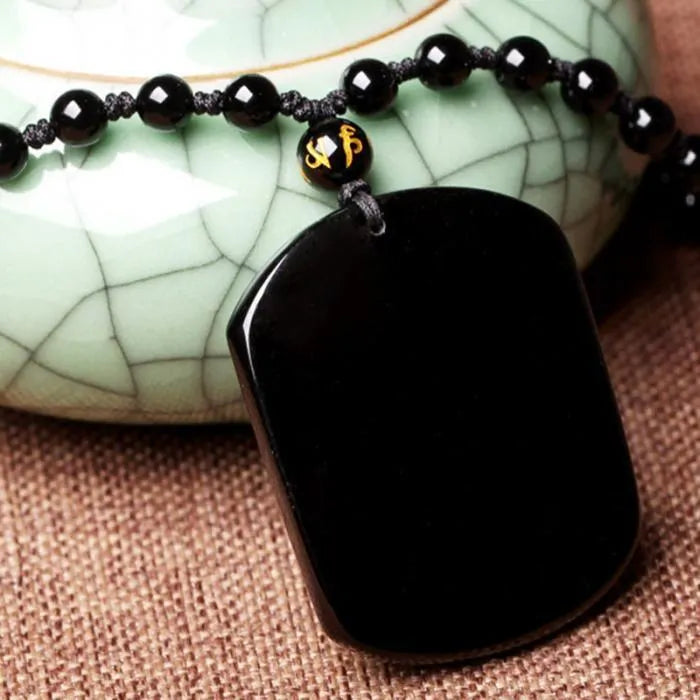 Obsidian carving wolf head amulet pendant necklace for men, natural black stone, 49x39x8mm