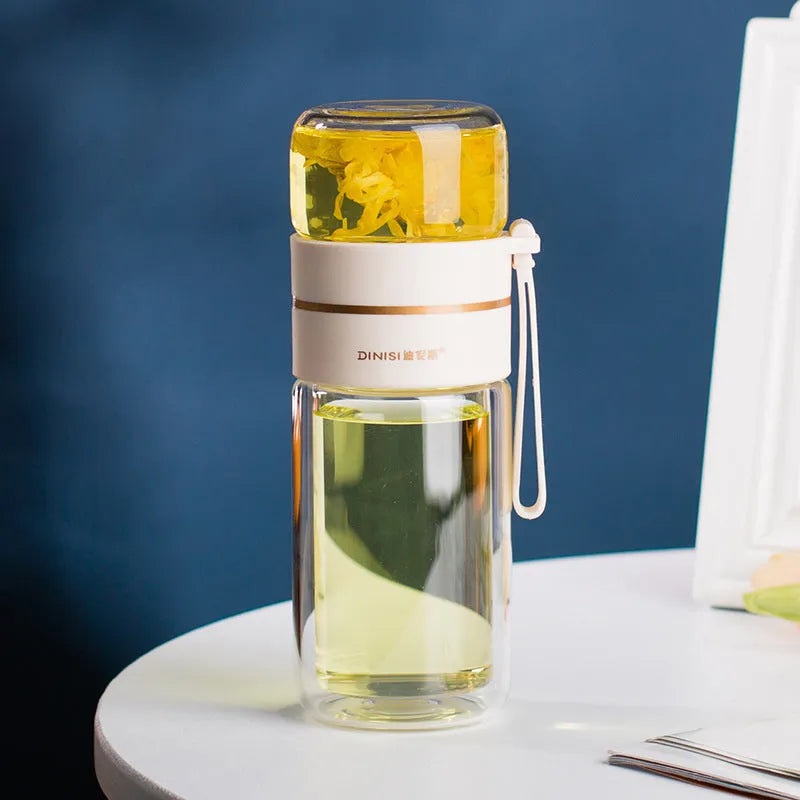 Double wall glass water bottle with tea infuser filter, leakproof, high borosilicate, stainless steel strainer, portable rope, 400ml