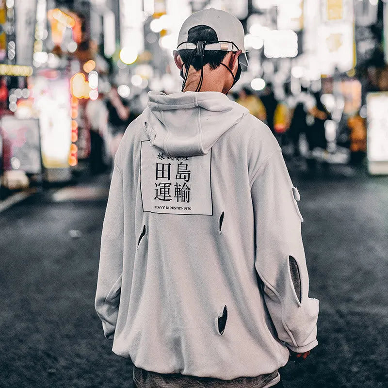 White loose ripped hoodie for men with hooded collar and distressed holes, autumn casual wear