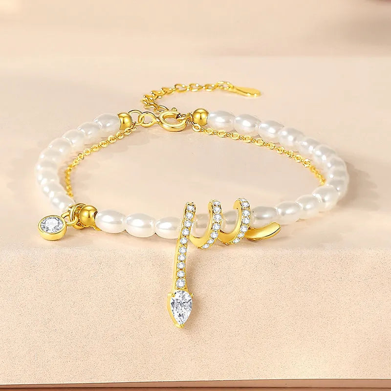 925 silver beaded bracelet with snake charm in New Chinese style, available in gold or white gold electroplated finishes