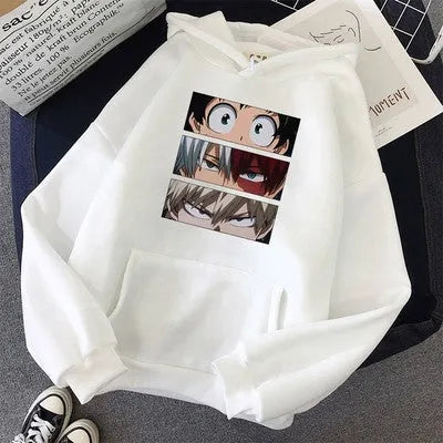 Unisex loose hoodie sweater with three eyes print in black, long sleeves, polyester fabric, front view