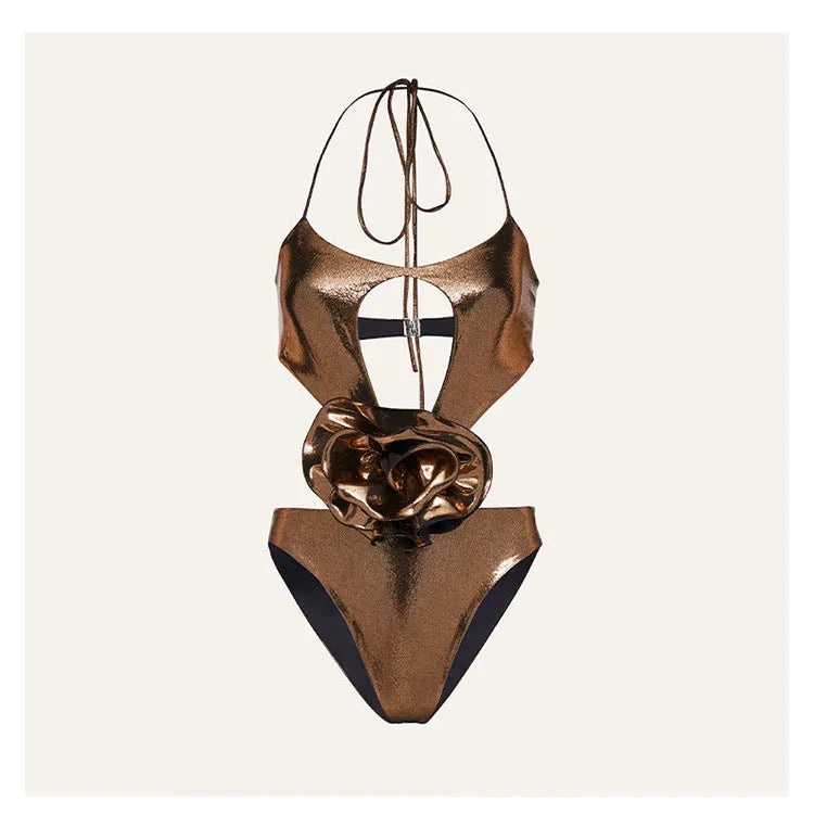Gold coloured handmade one-piece swimsuit with a halter neckline and hollow-out design.