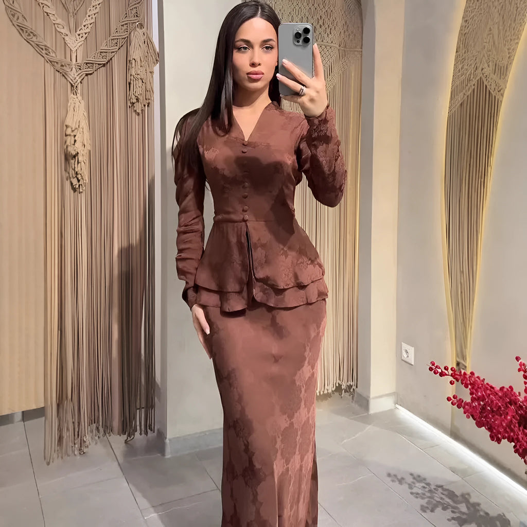Dark brown women's retro dress with long sleeves, a fake two-piece design, and a floral pattern.