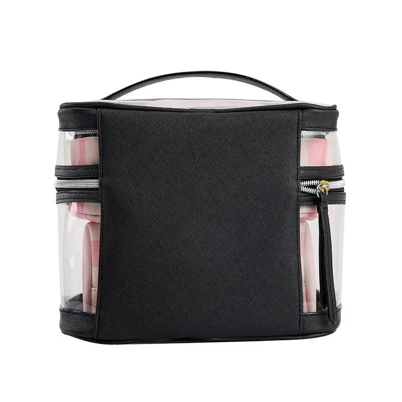 Pink striped waterproof makeup bag with flower pattern and synthetic leather construction