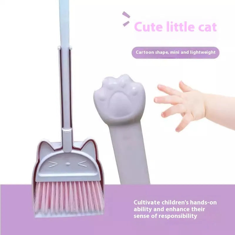 Purple, green, and beige plastic broom and dustpan set with rotating brush and storage holder
