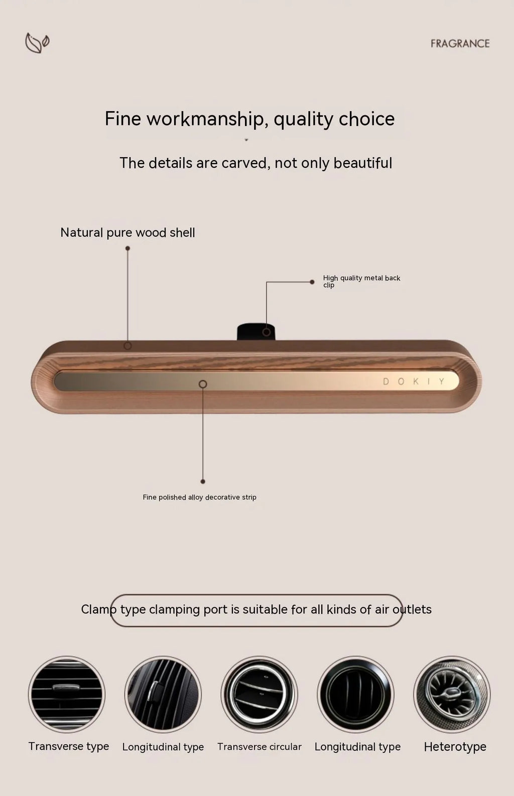 Solid long strip car aromatherapy ornament clipped to a car air vent, in walnut wood finish.