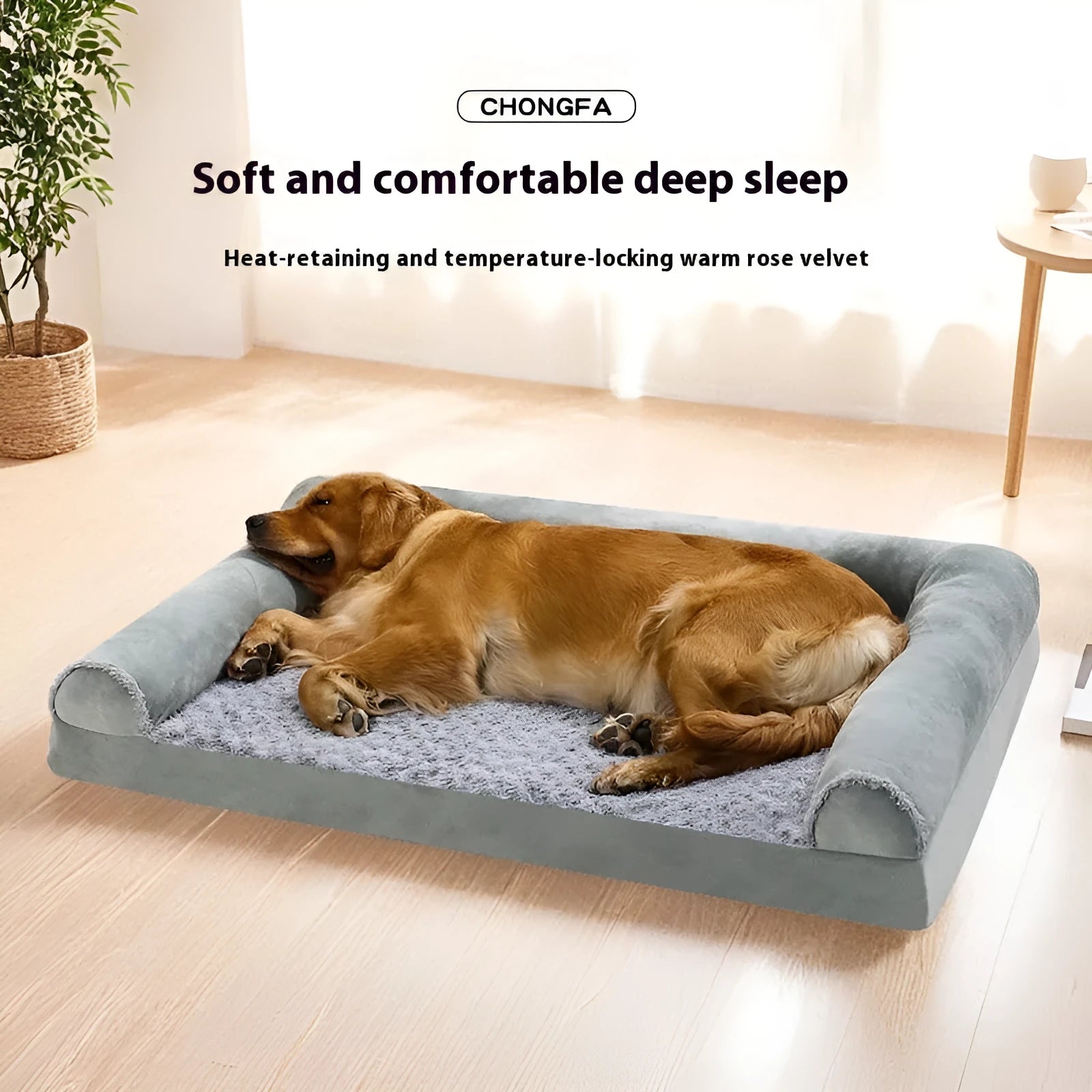 Grey cloth dog kennel showing three size options for medium to large breeds